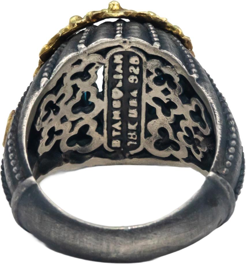 STAMBOLIAN 18k Gold Sterling Silver Diamond Blue Topaz Ring 0.05CT Sz. 6.75