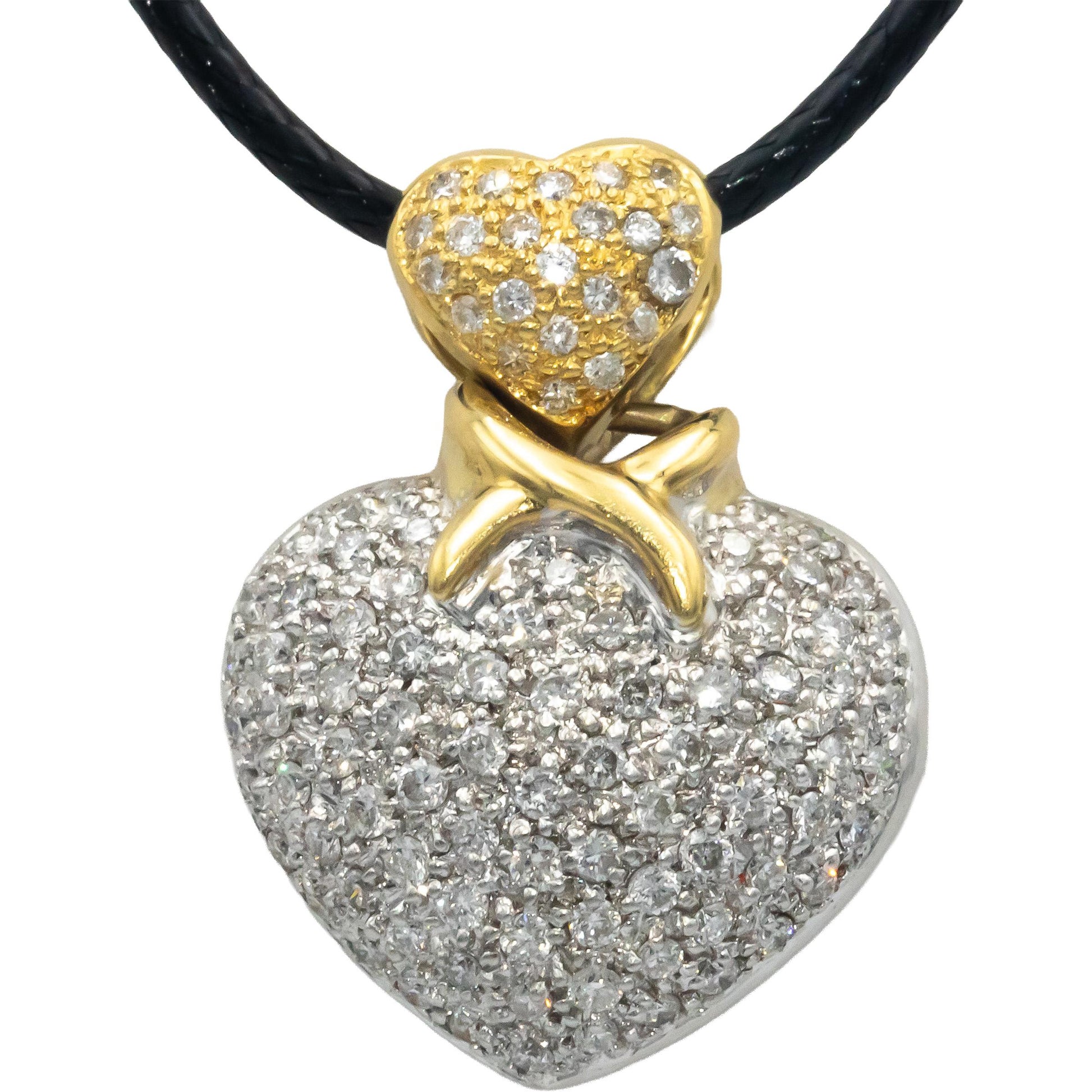 18k Yellow White Gold 1.0CT Diamond Cluster Puffy Heart Pendant Necklace