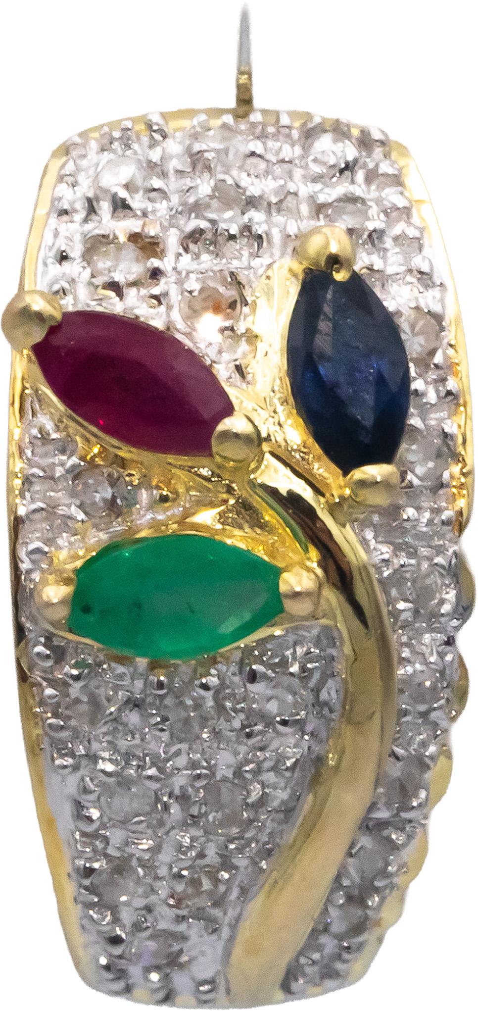 14k Yellow Gold 0.90CT Diamond Emerald Ruby Sapphire Curved Floral Earrings