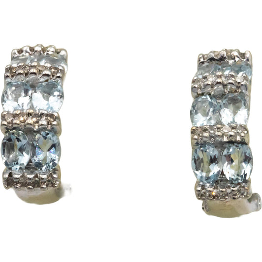 14k White Gold 1.26CT Diamond and Aquamarine Curved Huggie Style Earrings