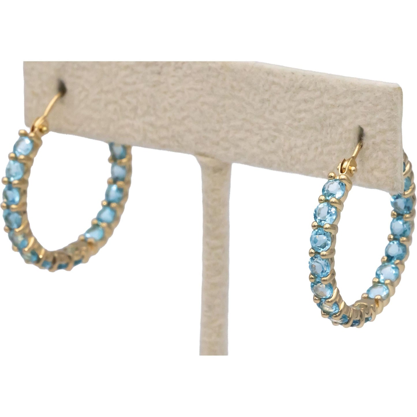 14k Yellow Gold 2.0CT Round Cut Blue Topaz Inside Out Hoop Earrings