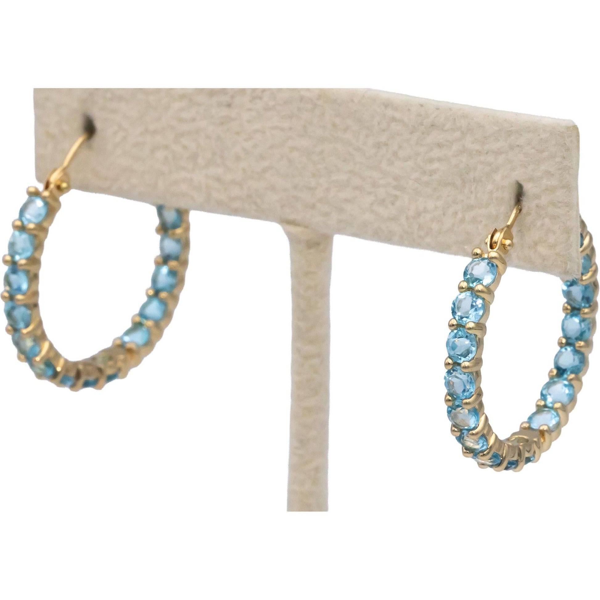 14k Yellow Gold 2.0CT Round Cut Blue Topaz Inside Out Hoop Earrings
