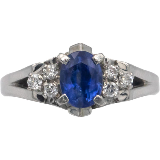 Platinum 1.11CT Diamond and Sapphire Ring Size 5.75 w/ Gallery Sides
