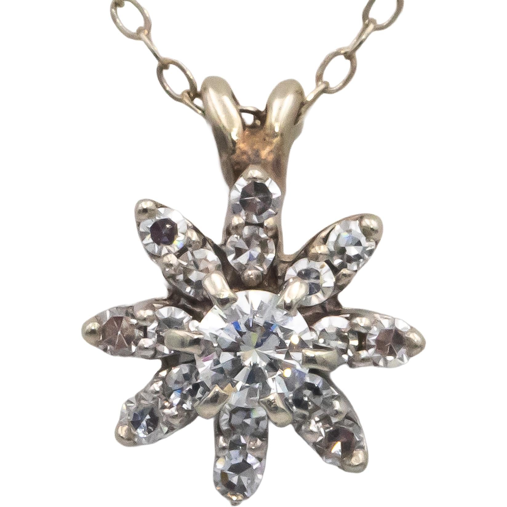 14k White Gold Diamond Cluster Burst Pendant Necklace 0.70CT w/ 0.25CT Center
