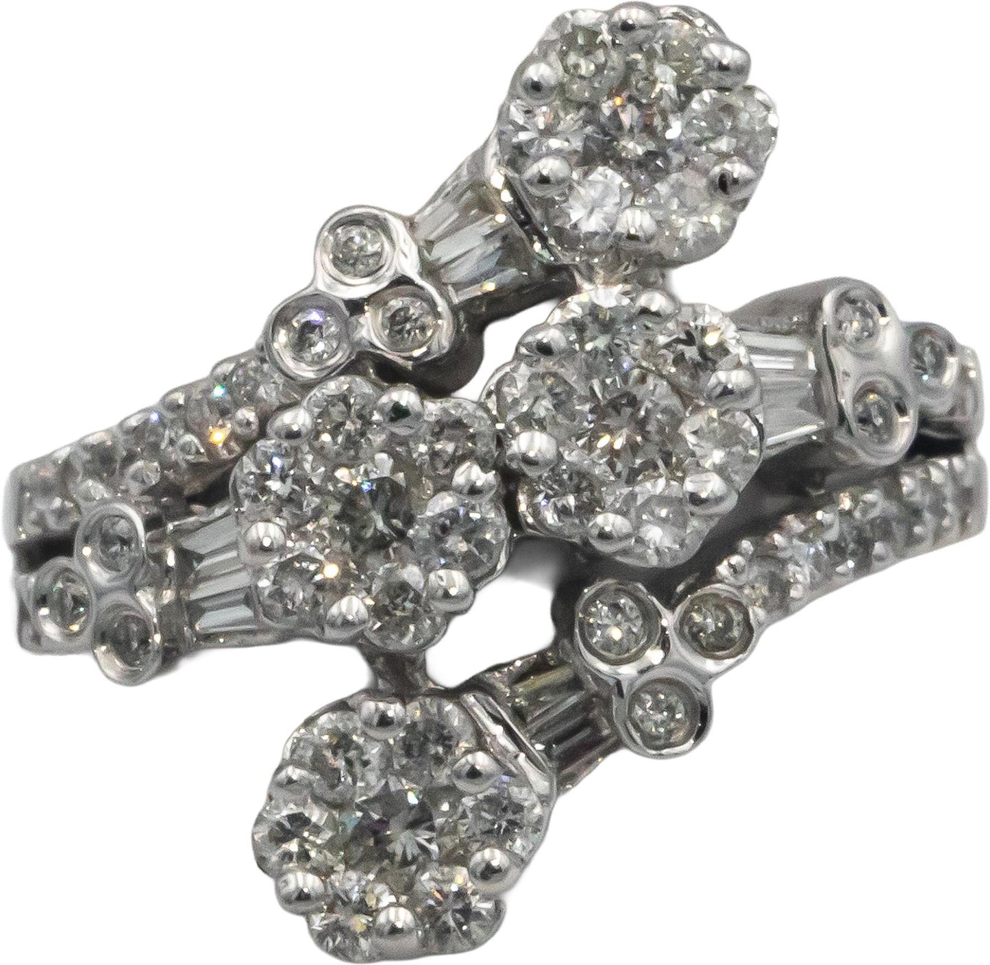14k White Gold 1.0CT Round & Baguette Cut Diamond Cluster Ring Size 7