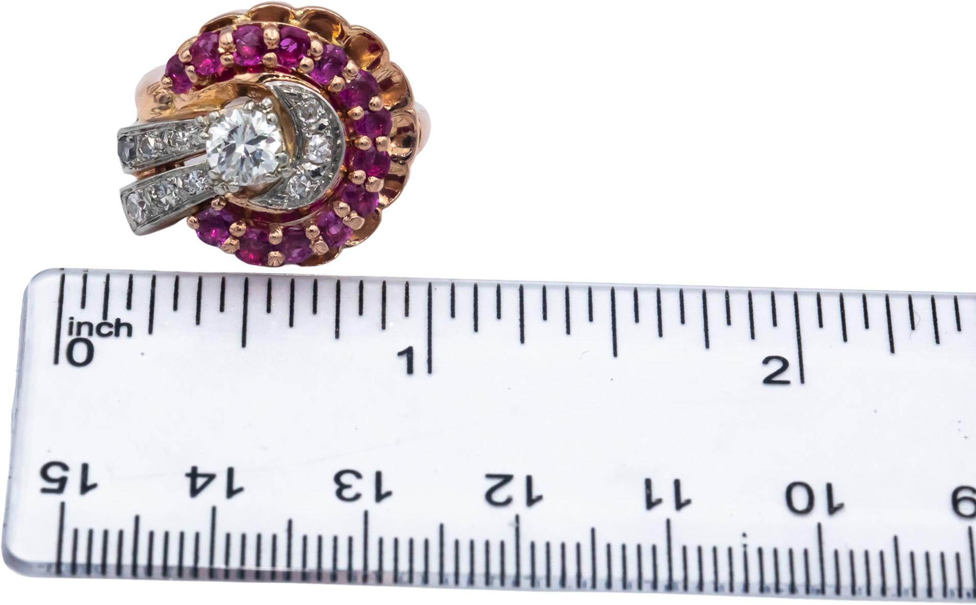 Vintage Antique Retro 14k Rose Gold 1.30CT Diamond and Ruby Ring w/ .55CT Center