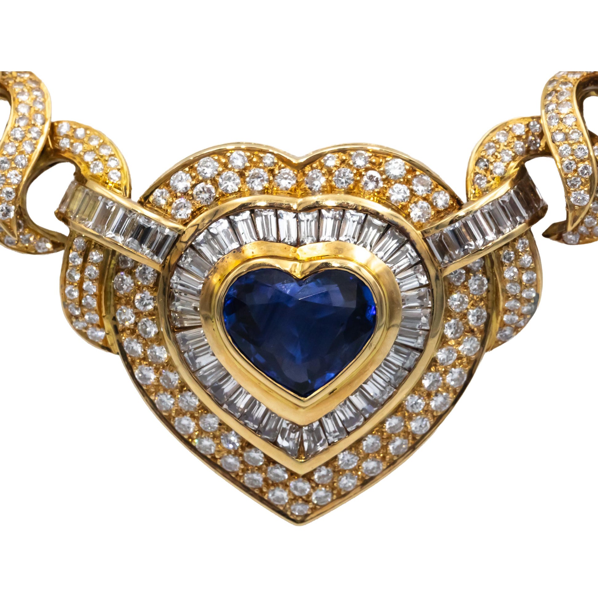 GIA Certified Diamond & Heated Heart Sapphire 18k Gold Formal Necklace 17.75CT