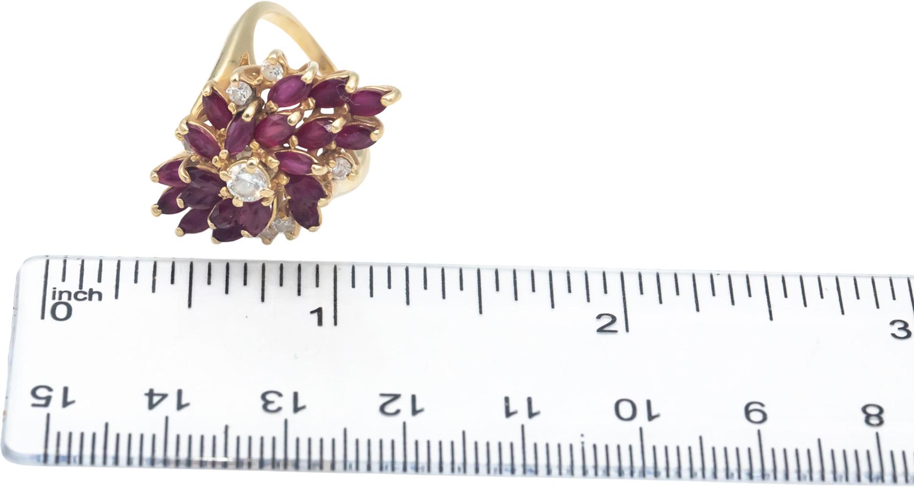 14k Yellow Gold 1.50CT Round Diamond & Marquise Ruby Cluster Ring Size 5.25