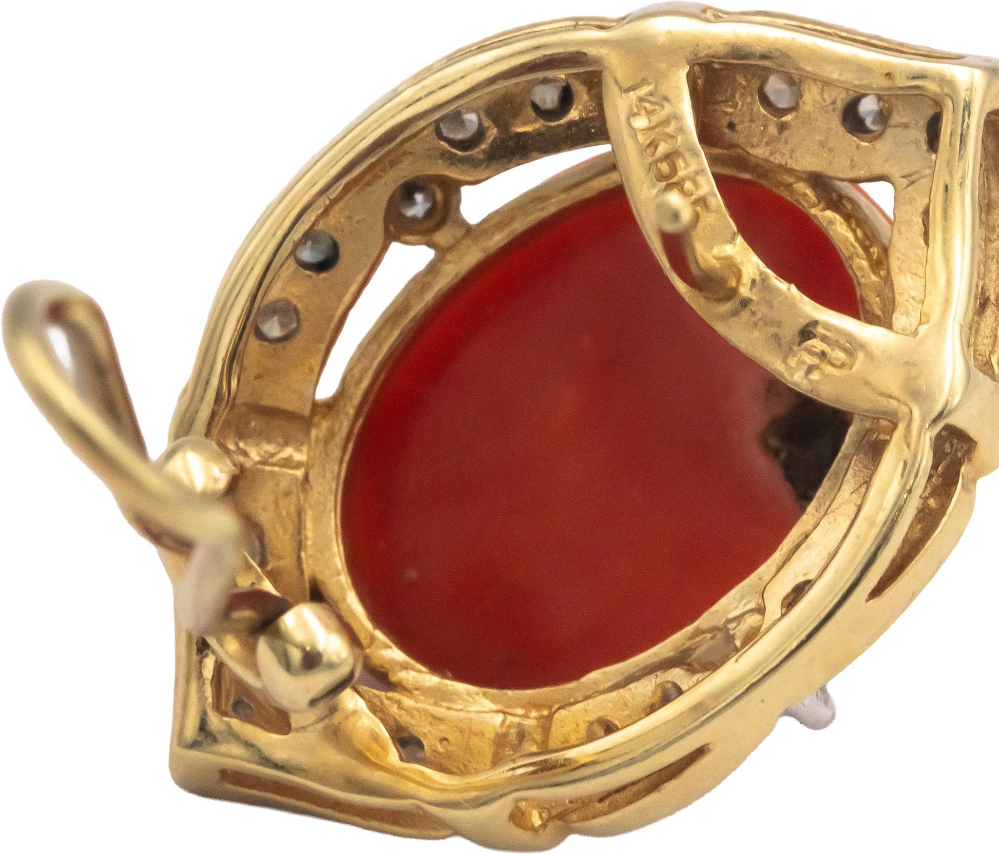 14k Yellow Gold 10.30CT Round Diamond and Cabochon Coral Earrings