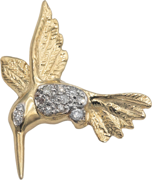 14k Yellow Gold 0.10CT Round Cut Diamond Hummingbird Brooch Pin