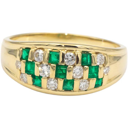 Designer 18k Yellow Gold 0.85CT Diamond and Emerald Band Ring Size 10.5