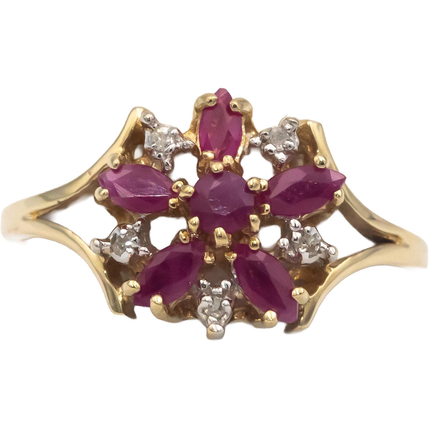 10k Yellow Gold Jewelry 0.48CT Diamond and Ruby Flower Ring Size 7.25