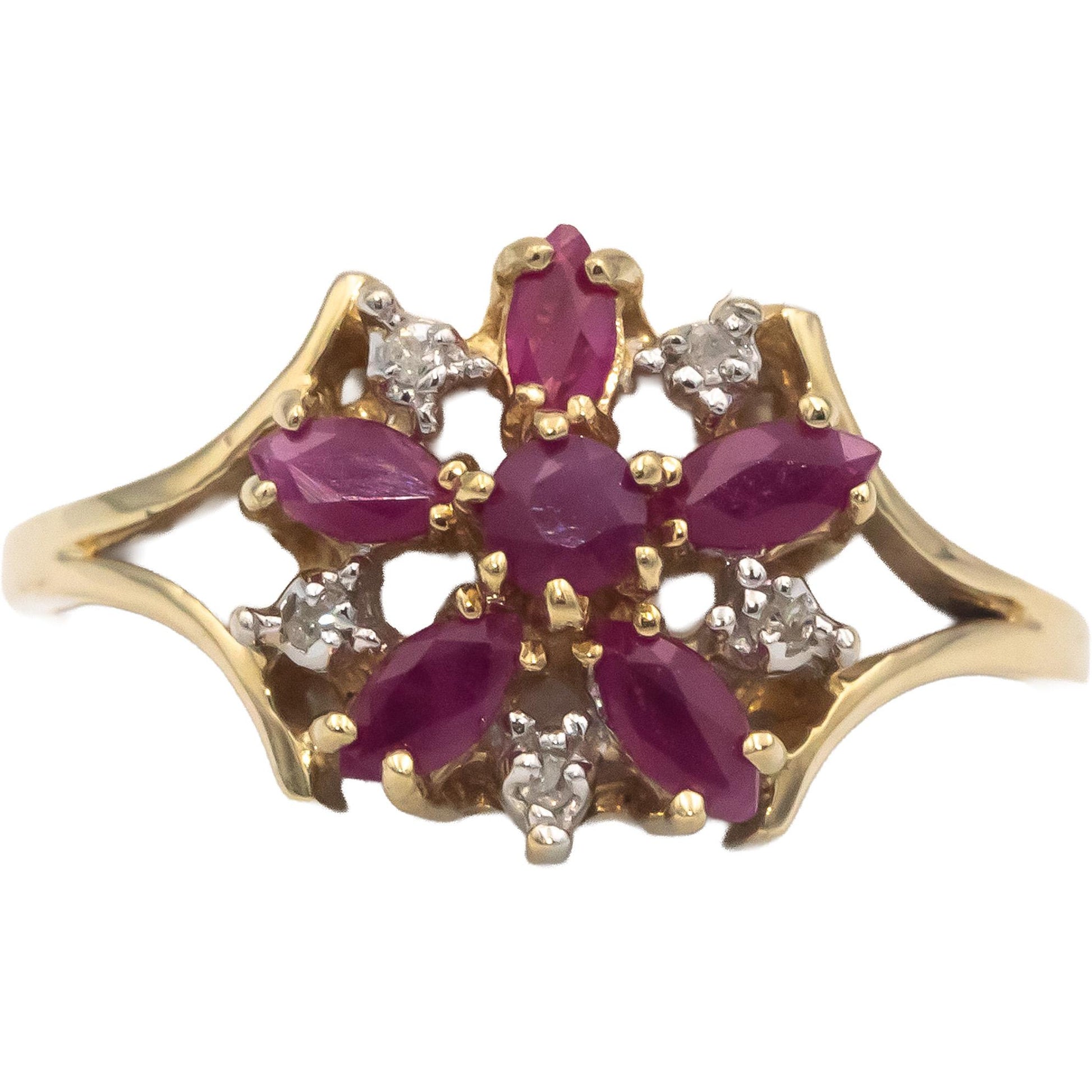 10k Yellow Gold Jewelry 0.48CT Diamond and Ruby Flower Ring Size 7.25