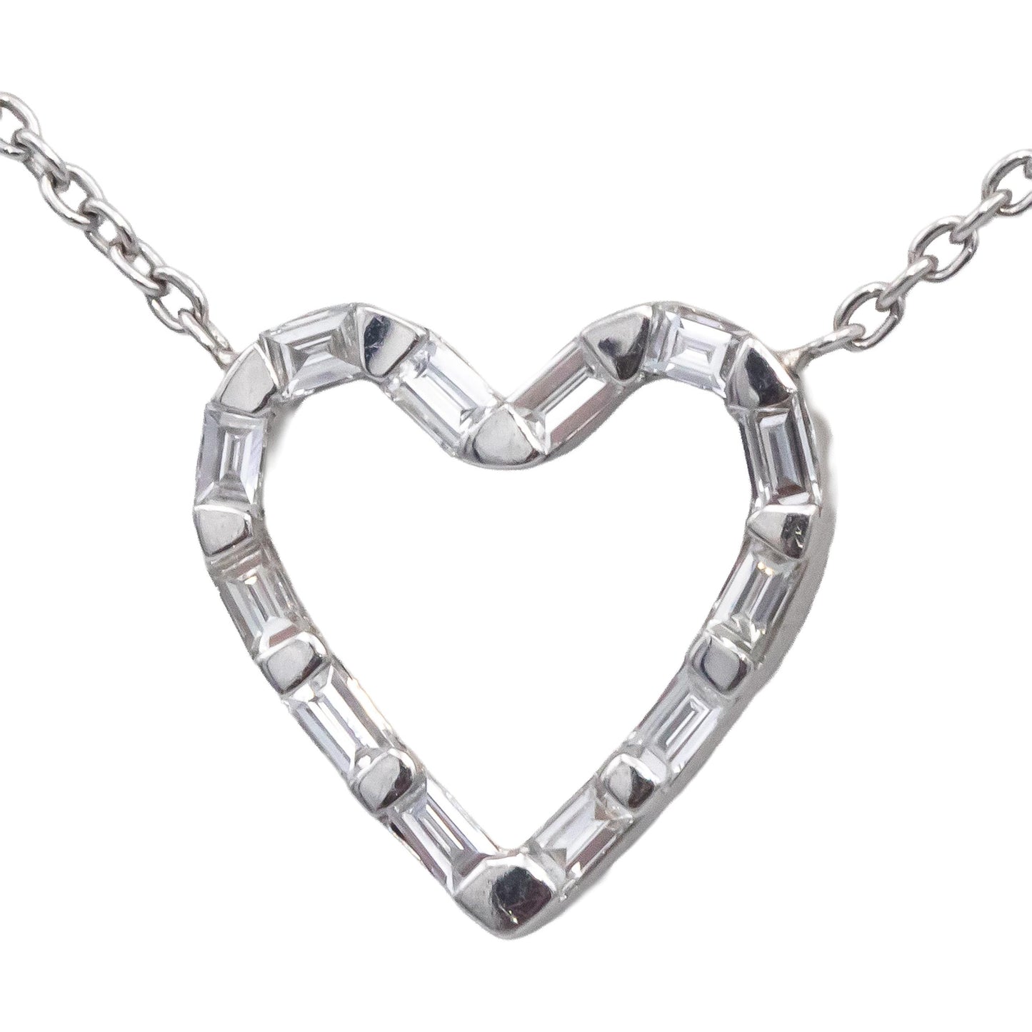 18k White Gold VS Emerald Cut Diamond Bar Set Heart Pendant Necklace 0.20CT
