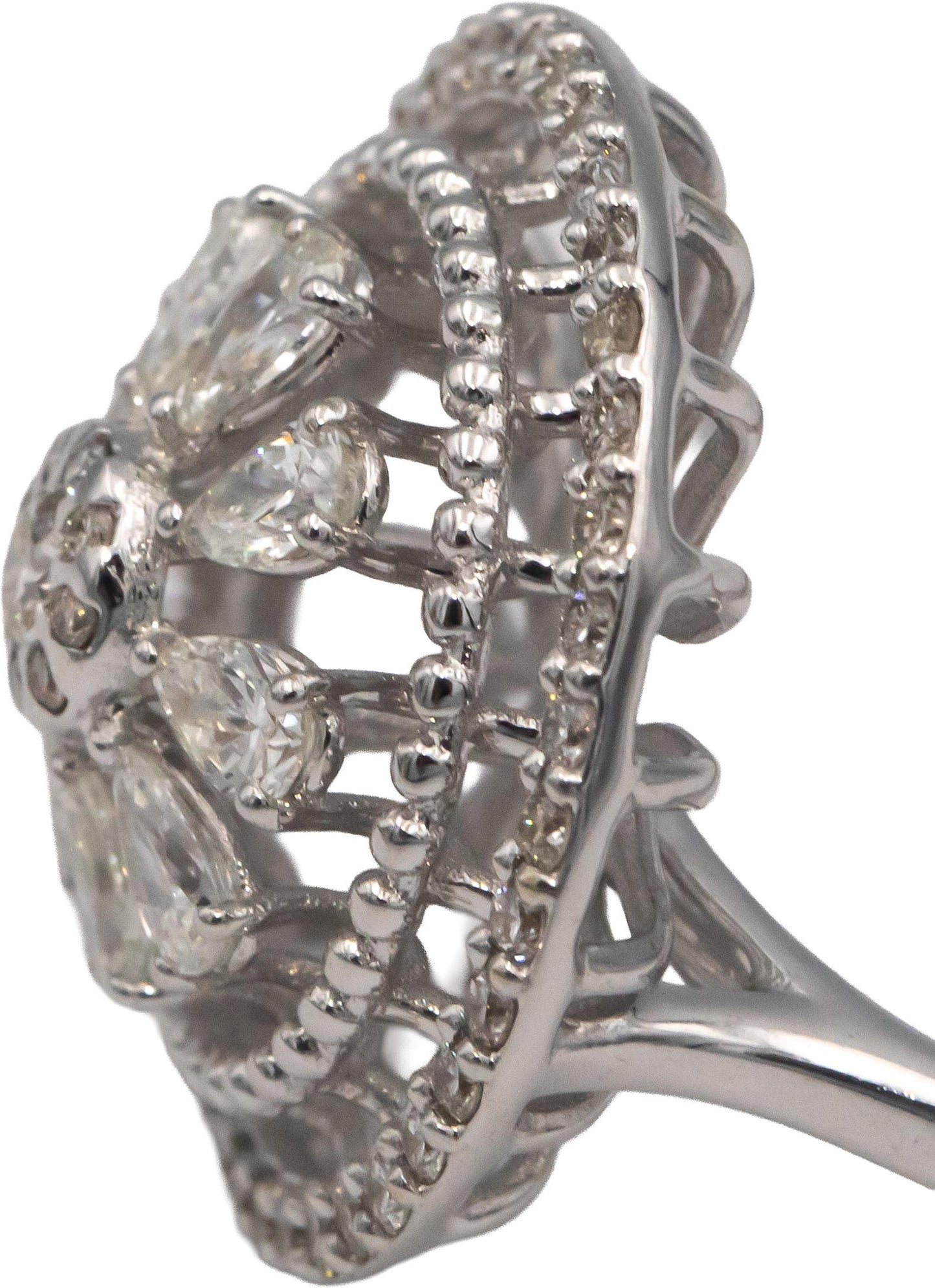 18k White Gold VS Pear & Round Diamond Floral Cocktail Ring 0.81CT Size 6.75