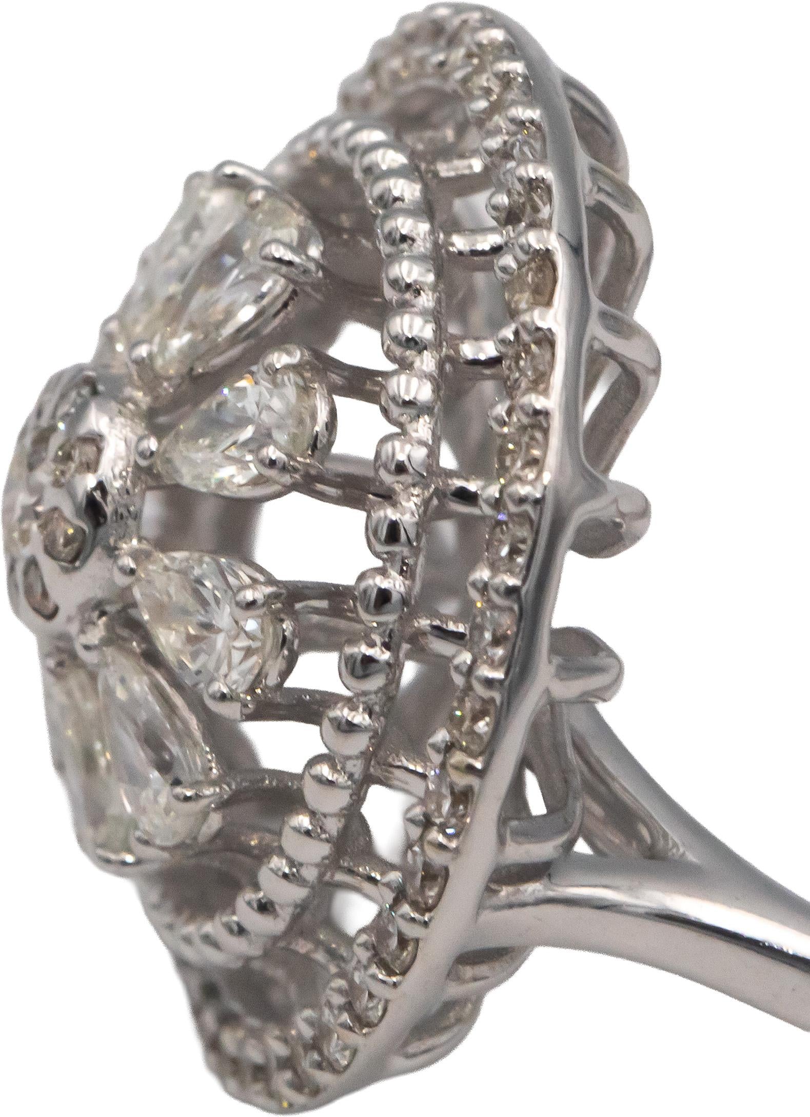 18k White Gold VS Pear & Round Diamond Floral Cocktail Ring 0.81CT Size 6.75