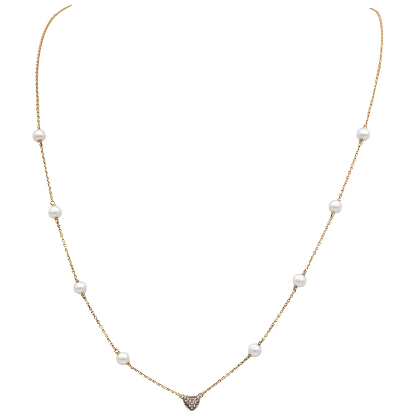 14k Yellow Gold 0.03CT Round Cut Diamond and 4.5mm Pearl Chain Necklace
