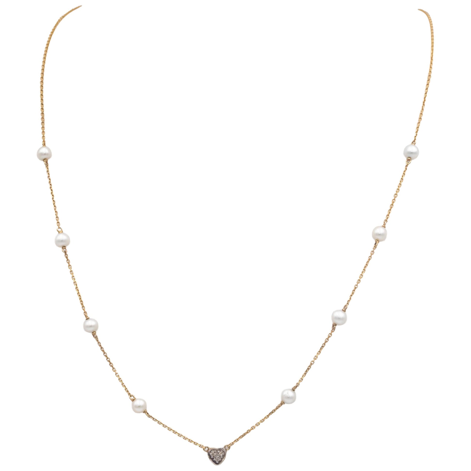 14k Yellow Gold 0.03CT Round Cut Diamond and 4.5mm Pearl Chain Necklace