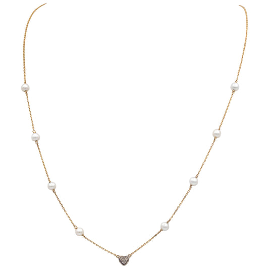 14k Yellow Gold 0.03CT Round Cut Diamond and 4.5mm Pearl Chain Necklace