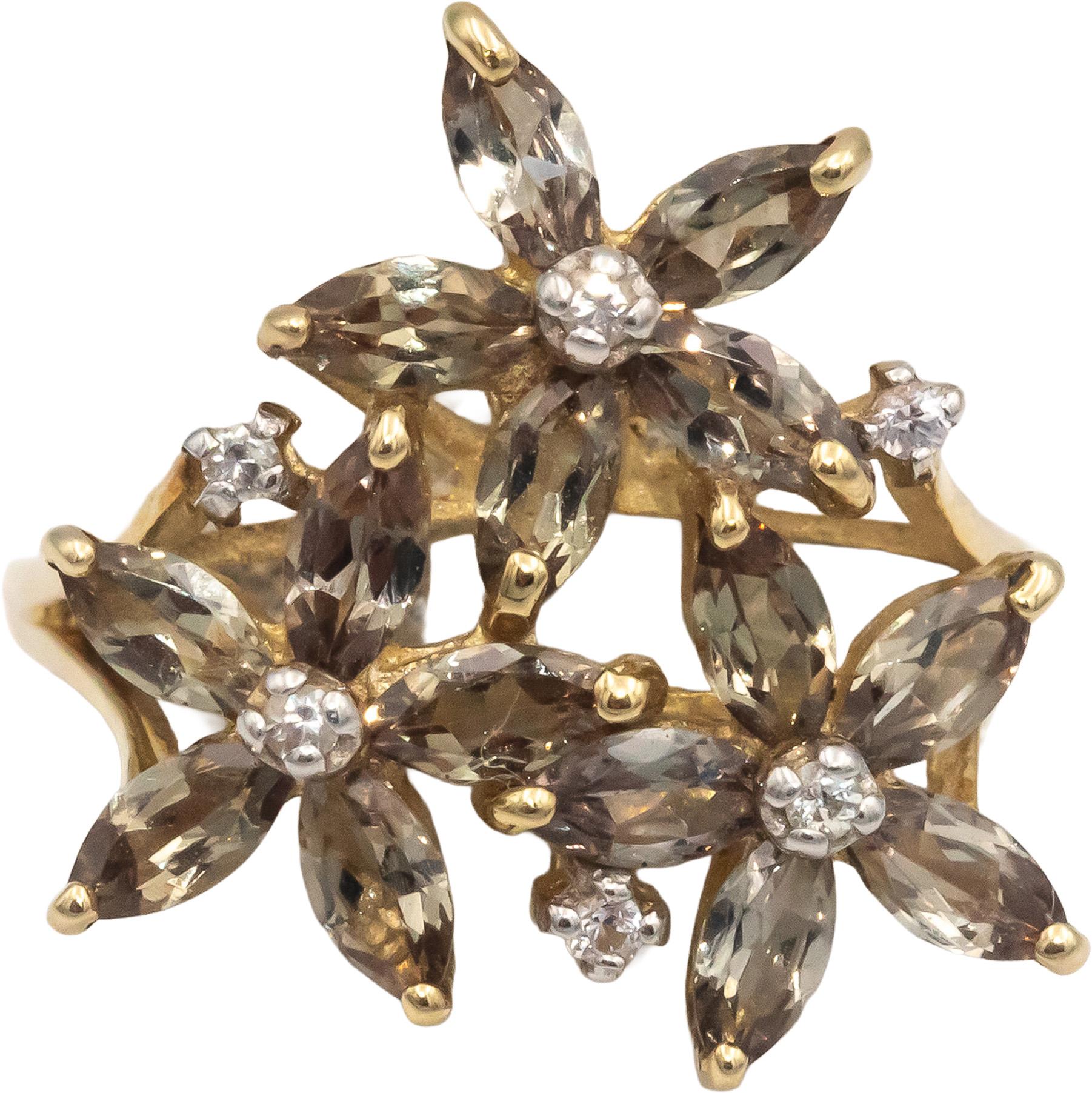 White Topaz & Peridot 9k Yellow Gold Flower Cocktail Ring 1.05CT Size 7