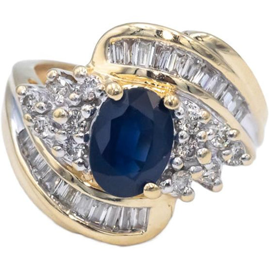 Diamond and Blue Sapphire 14k Yellow Gold Cocktail Ring 2.0CT Size 4