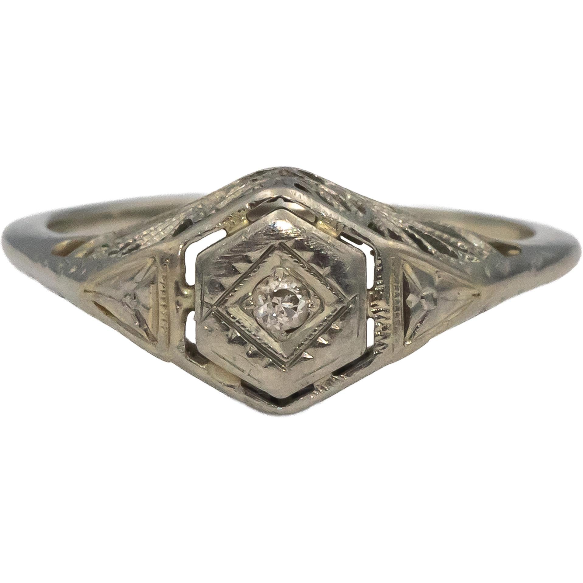 Vintage Antique 18k White Gold Old Euro Diamond Solitaire Filigree Ring 0.05CT