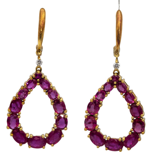 18k Yellow Gold Ruby and Diamond Pear Shaped Dangle Earrings 7.10CTW