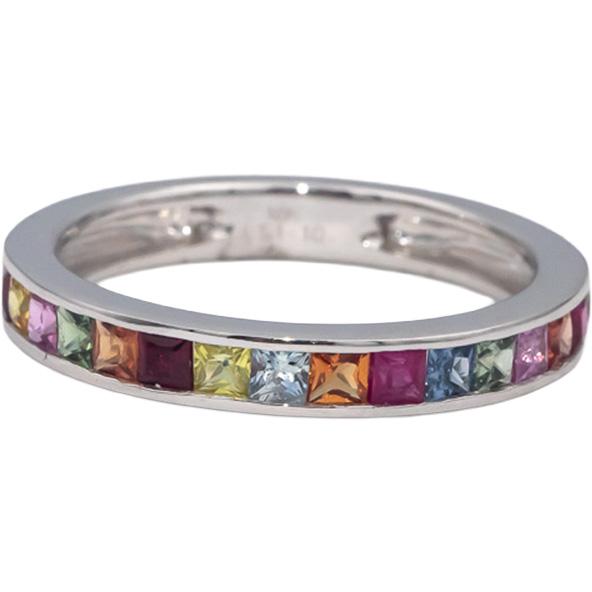 18k White Gold Square Channel Set Rainbow Sapphire Band Ring 1.10CT Size 7.5