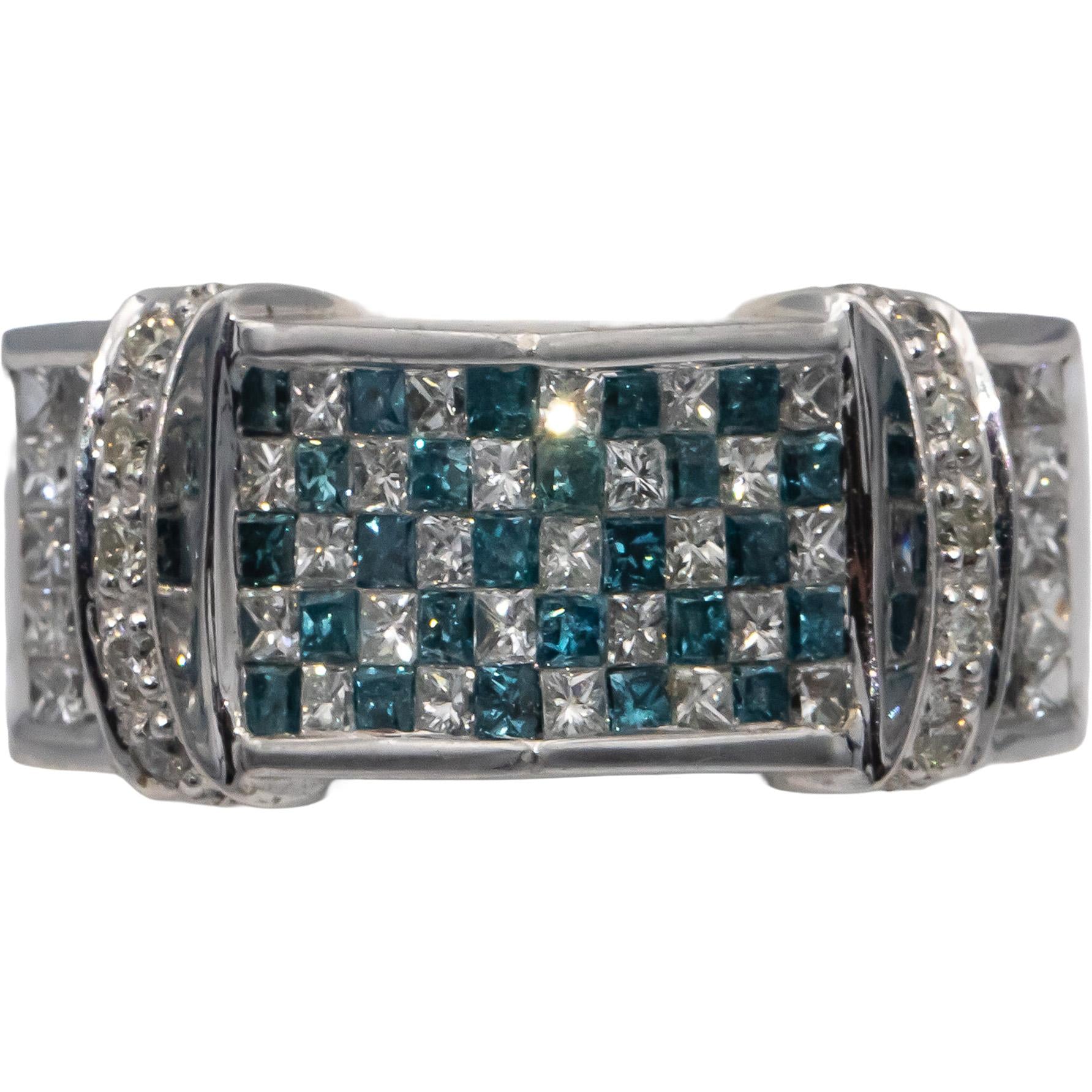 14k White Gold White and Blue Diamond Cluster Cocktail Ring 1.50CT Size 7