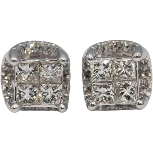 14k White Gold Princess & Round Diamond Stud Earrings 1.0CTW