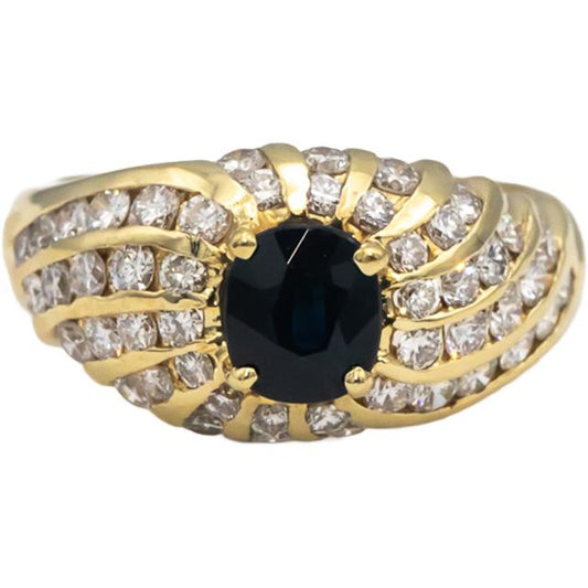 14k Yellow Gold Oval Sapphire VS Round Diamond Cocktail Ring 1.60CT Size 6