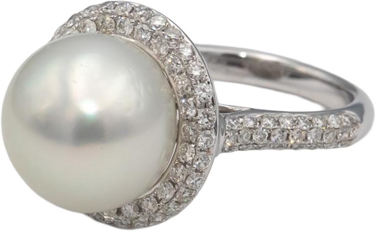 18k White Gold VS Round Diamond & 12.8-12.9mm Pearl Ring 1.04CT Size 6.75