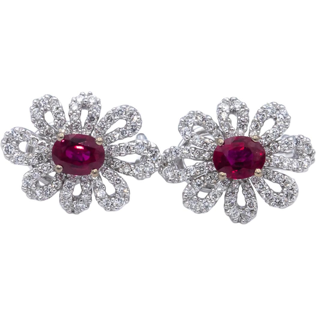 18k White Gold Oval Ruby Round Diamond Flower Earrings 2.42CT