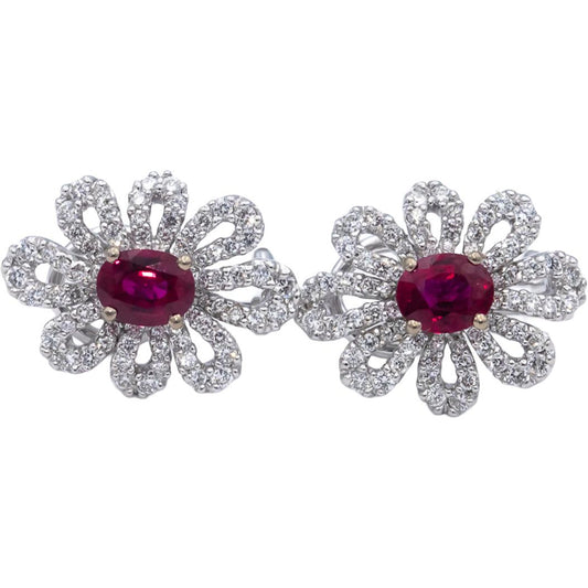 18k White Gold Oval Ruby Round Diamond Flower Earrings 2.42CT