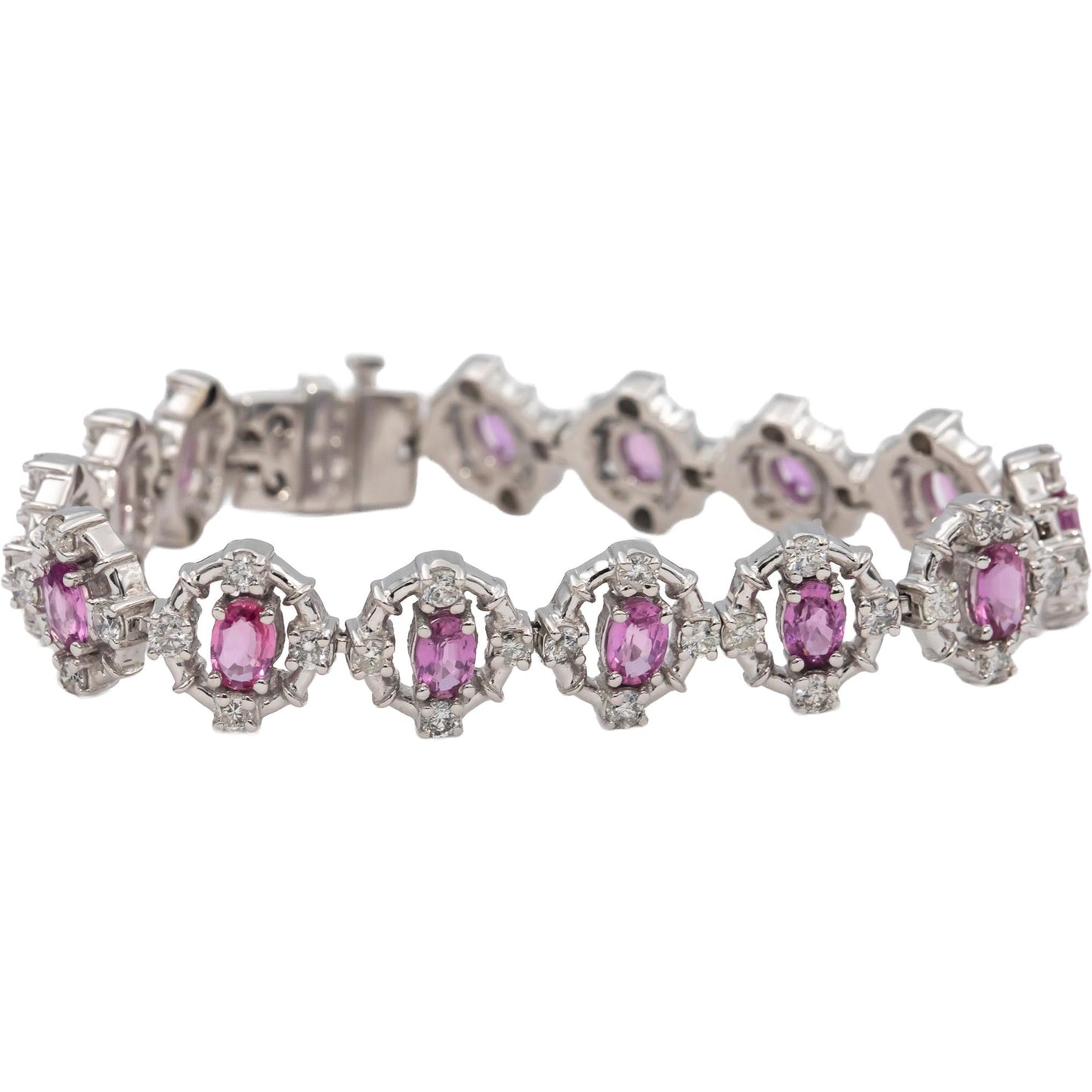 14k White Gold Oval Cut Pink Sapphire Round Diamond Fancy Link Bracelet 10.50CTW