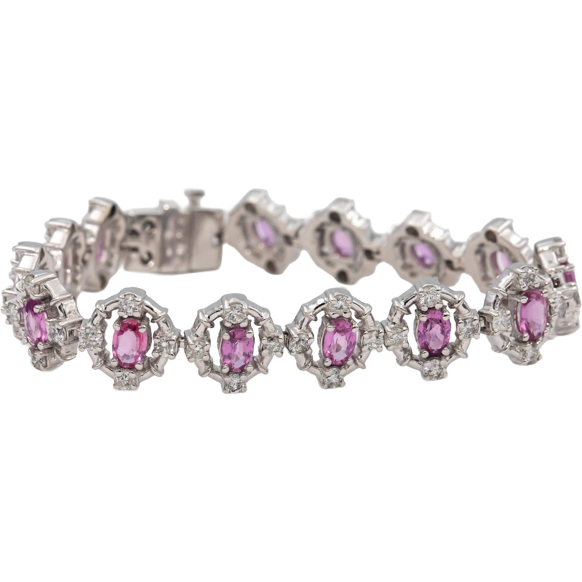 14k White Gold Oval Cut Pink Sapphire Round Diamond Fancy Link Bracelet 10.50CTW