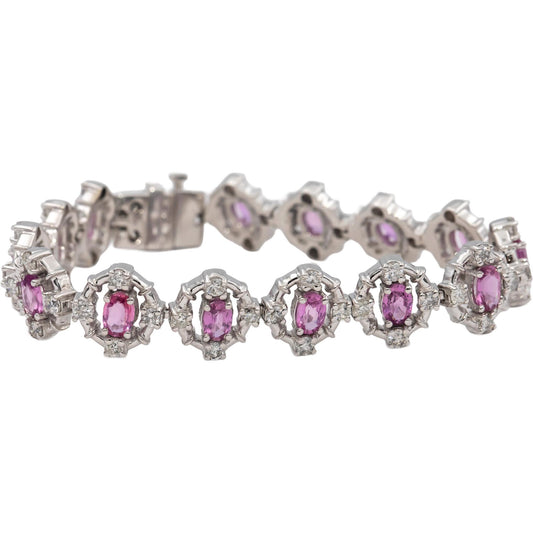 14k White Gold Oval Cut Pink Sapphire Round Diamond Fancy Link Bracelet 10.50CTW