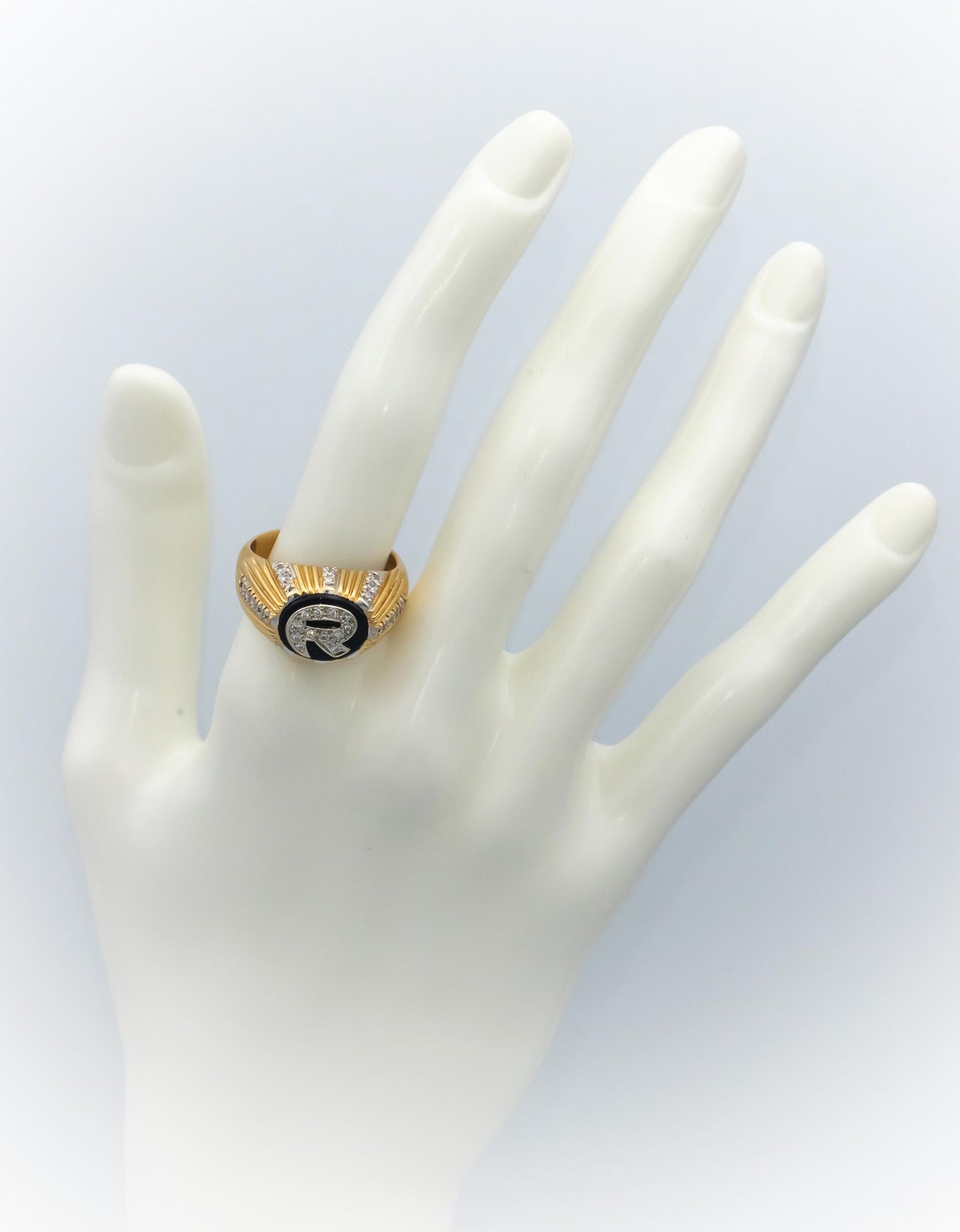 18k Yellow & White Gold VS Round Diamond & Onyx Letter "R" Ring 0.50CT Size 9.25