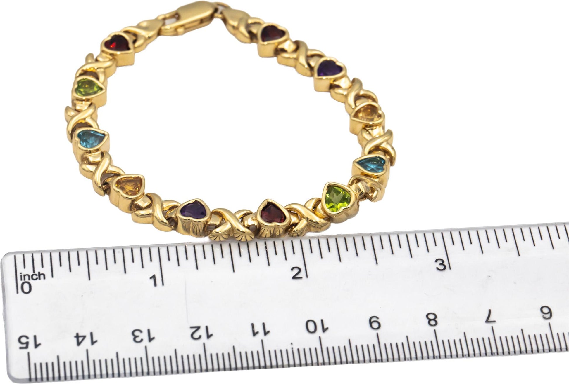 14k Yellow Gold Heart Cut Bezel Set Rainbow Assorted Gemstone Bracelet 7.0CTW