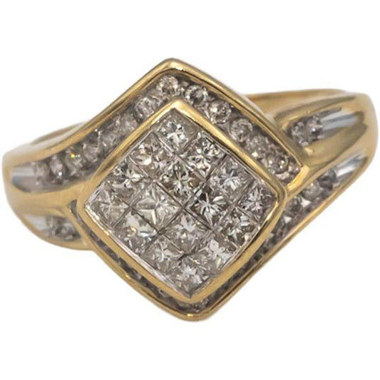 10k Yellow Gold Round & Princess Cut Diamond Cocktail Ring 1.0CT Size 8.25
