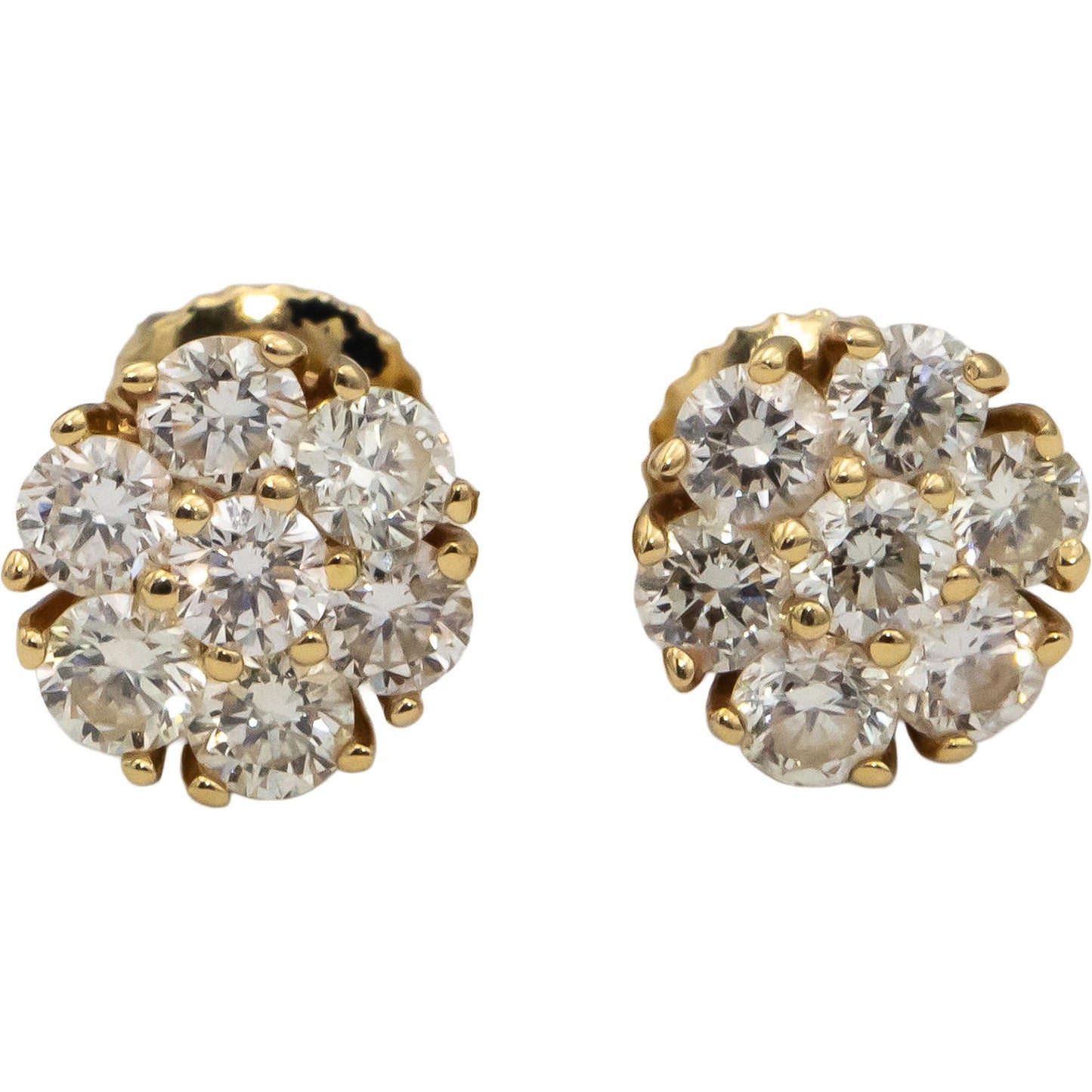 14k Yellow Gold Round Diamond Cluster Stud Screw Back Earrings 1.23CT