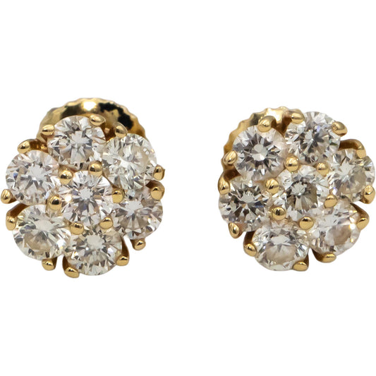 14k Yellow Gold Round Diamond Cluster Stud Screw Back Earrings 1.23CT