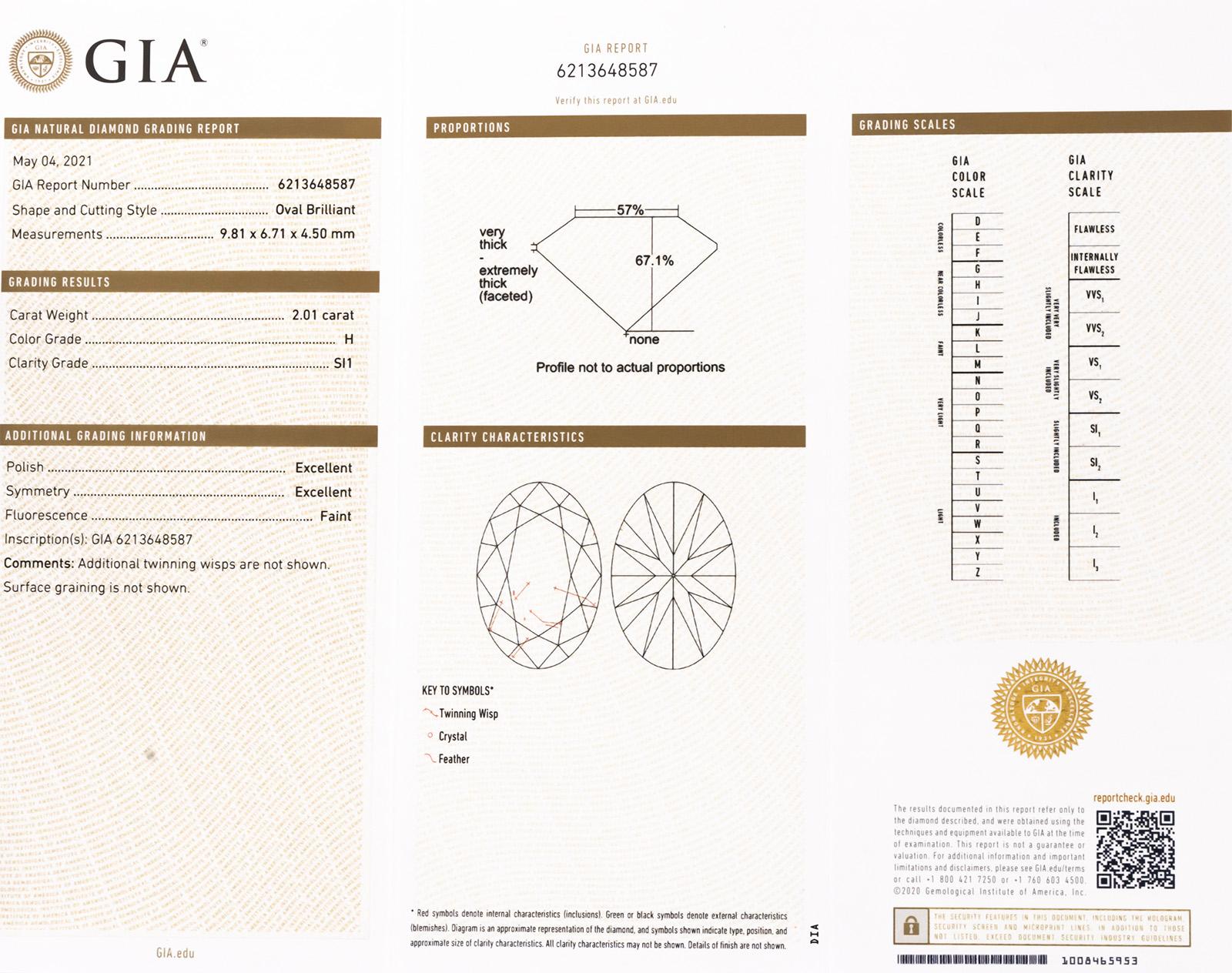 GIA Certified SI2/H Oval Brilliant Diamond Loose Stone 2.01CT