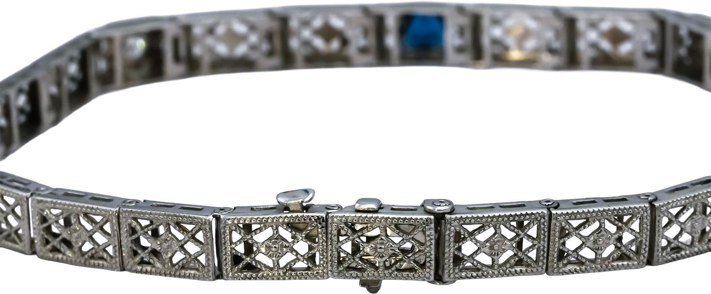 Vintage Antique 14k White Gold Diamond & Synthetic Gemstone Bracelet 0.15CT