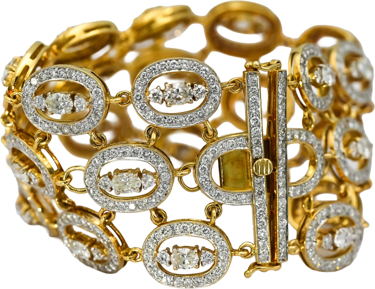 18k Yellow Gold Round and Oval Cut Diamond Halo Link Wide Bracelet 22.0CT