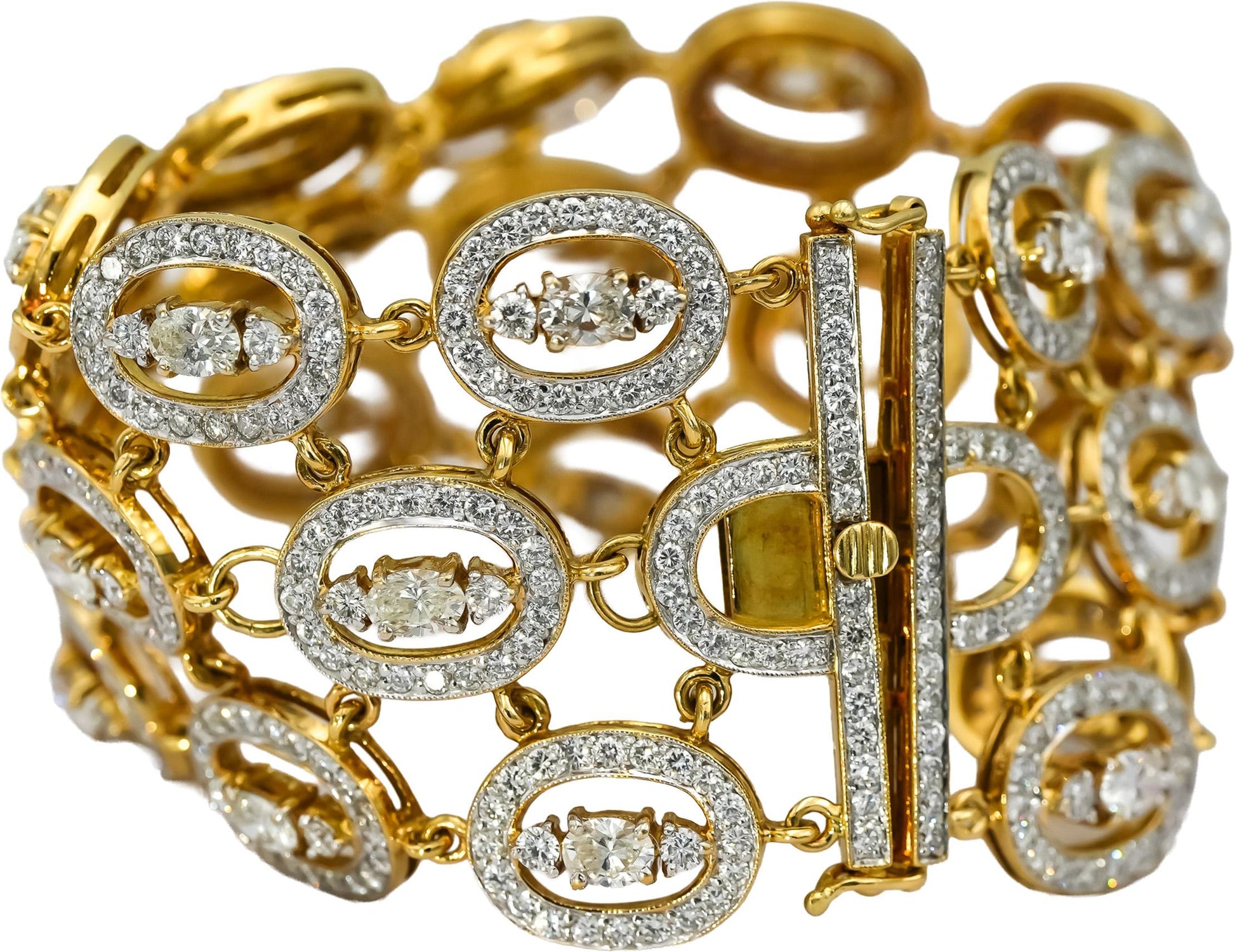 18k Yellow Gold Round and Oval Cut Diamond Halo Link Wide Bracelet 22.0CT