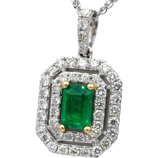 14k White Gold Diamond and Emerald Pendant Necklace 1.15CTW