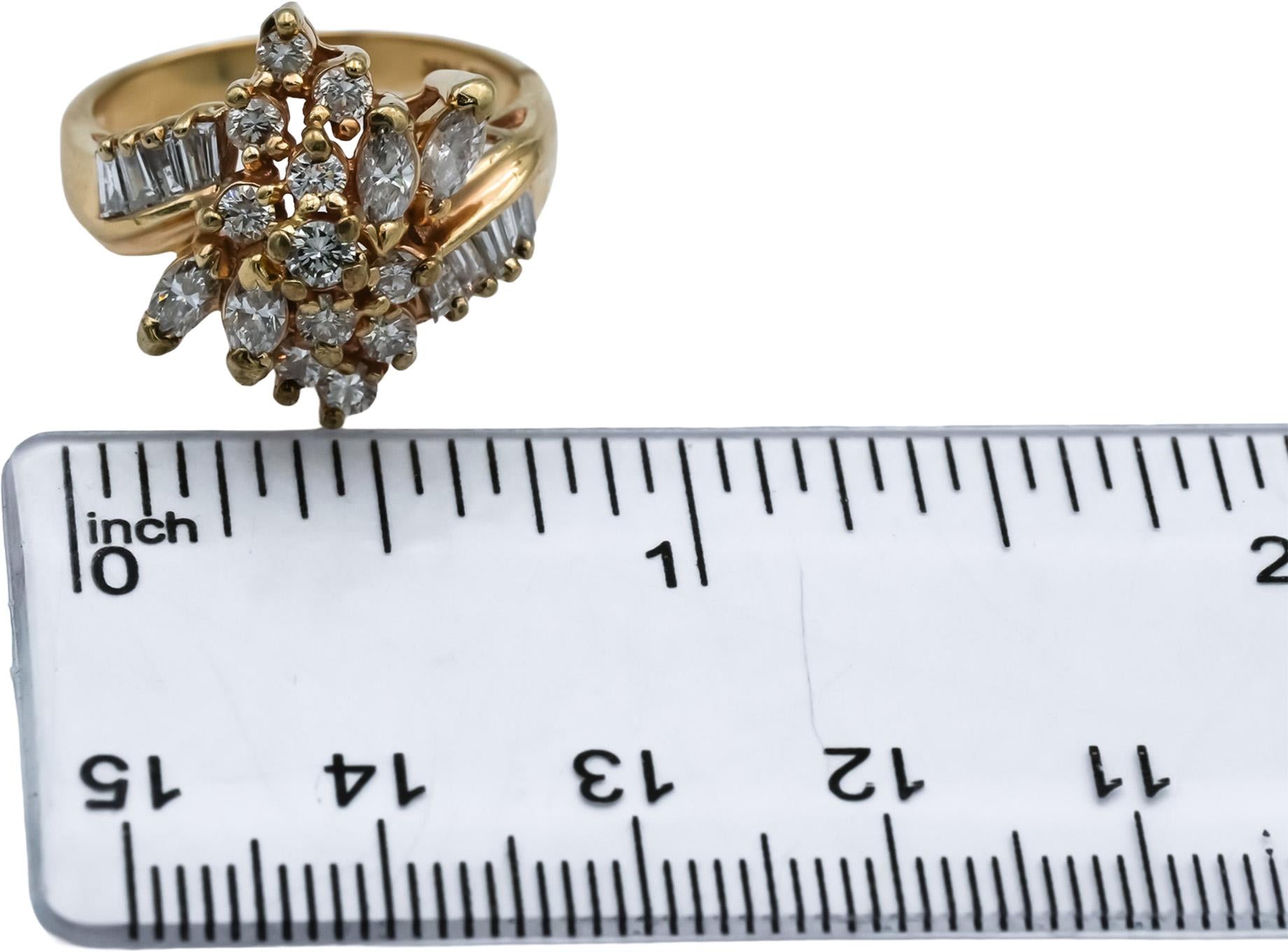 14k Yellow Gold Marquise Baguette Round Diamond Cocktail Ring 1.50CT Size 7
