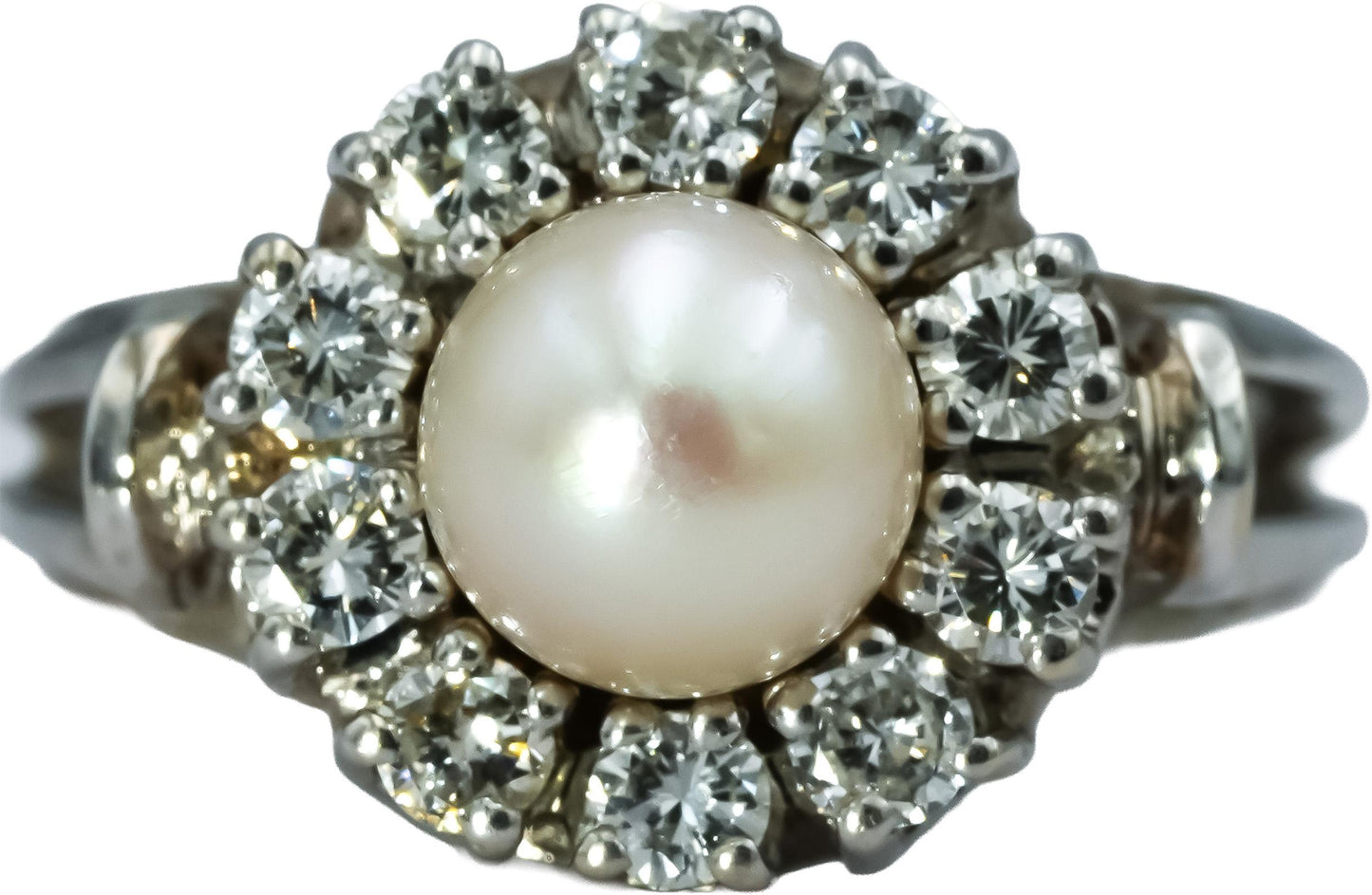 14k White Gold VS Diamond and 7.8mm Pearl Cocktail Ring 0.75CT Size 8.25