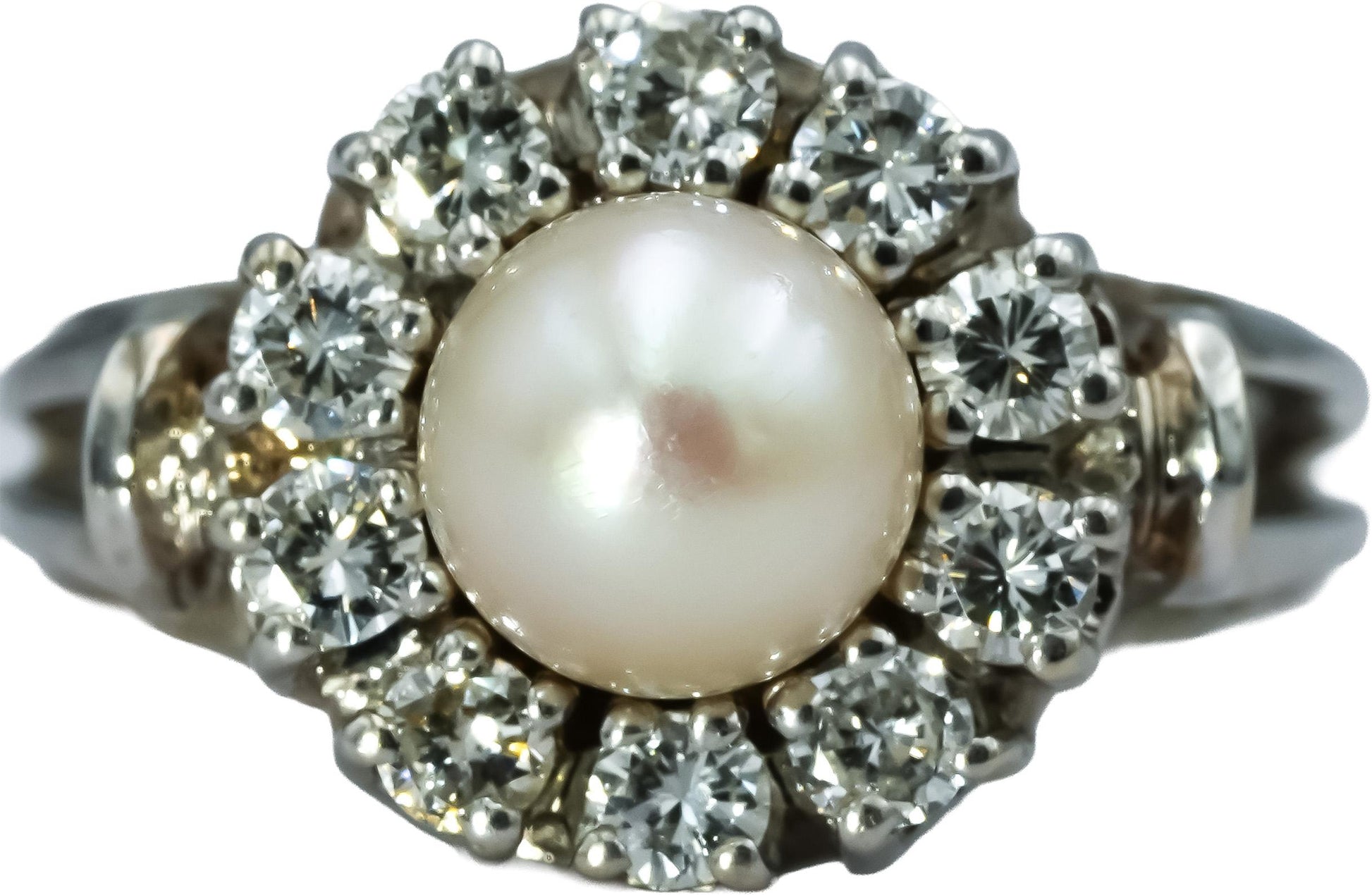 14k White Gold VS Diamond and 7.8mm Pearl Cocktail Ring 0.75CT Size 8.25